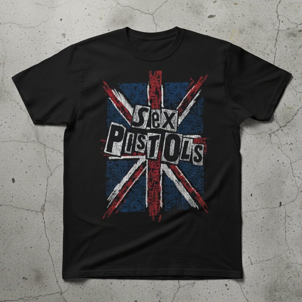 Punk Rock Band Union Jack Distressed Vintage Graphic Tee Black Music Shirt